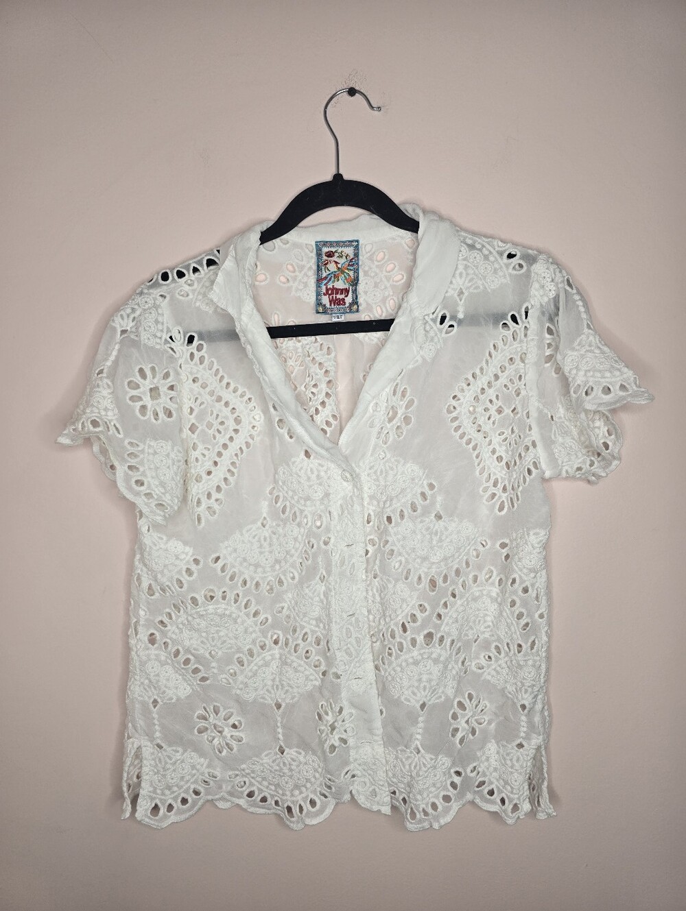 Johnny Was Eyelet Button-Up Top Boho Chic